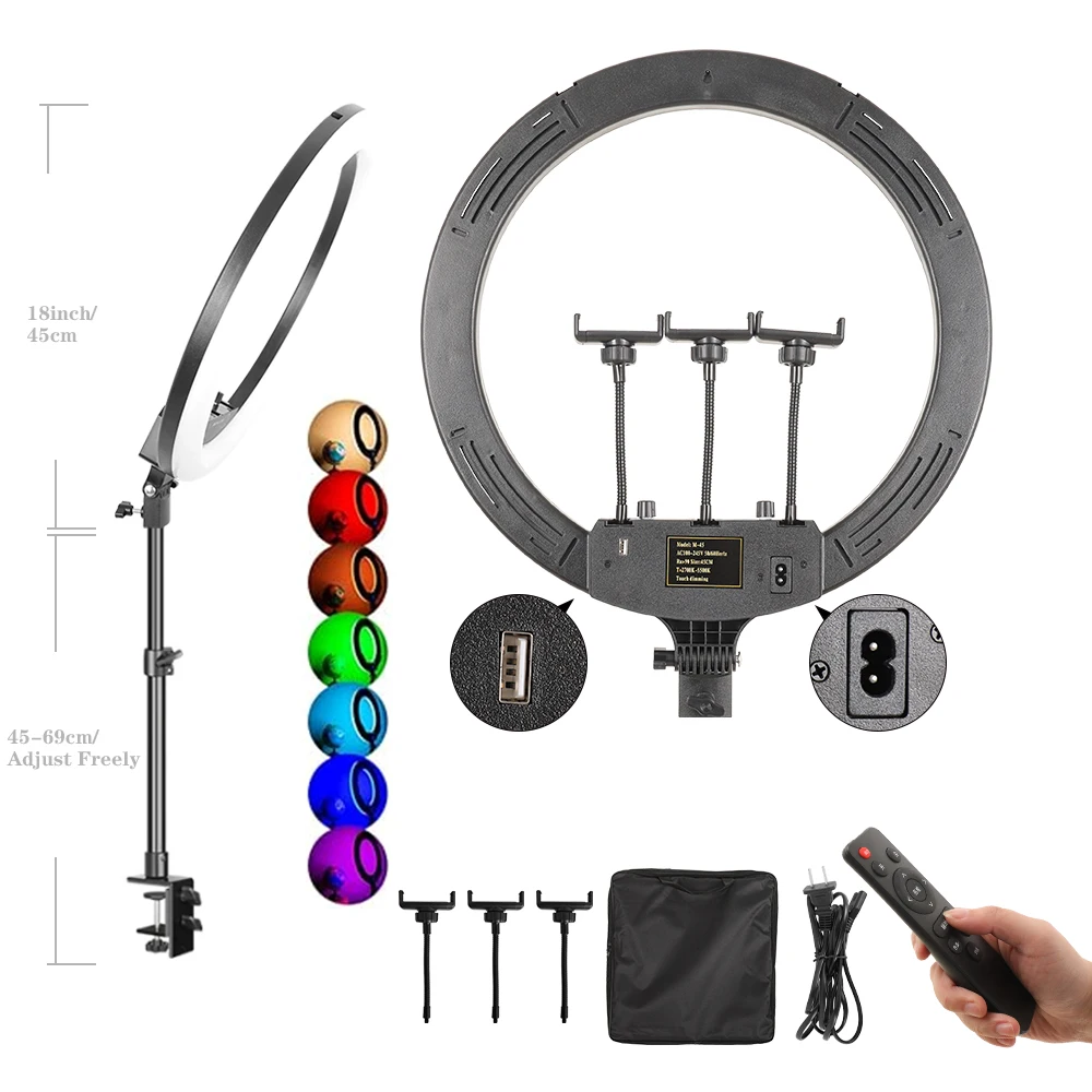 13 Modelle 45cm / 18 Zoll Ring RGB-Licht LED-Video-Stativ mit Fernbedienung, Handyhalterung, Live-Beleuchtung, Fotografie-Studio-Beleuchtung
