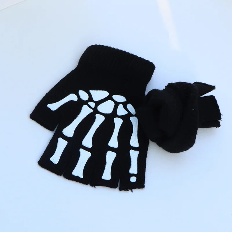 1pcs New  Kids Halloween Skeleton Skull Half Finger Luminous  Fingerless Stretch Knitted Gloves Skull Fingerless Black Mitten