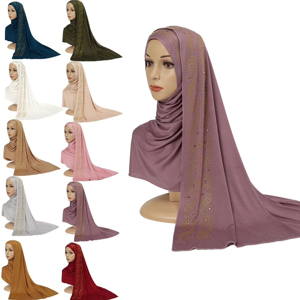 New Jersey Muslim Long Scarf with Rhinestones Headscarf Islamic Hijab Arabic Rectangular Headwrap Lady Shawl Wrap Turban Scarves