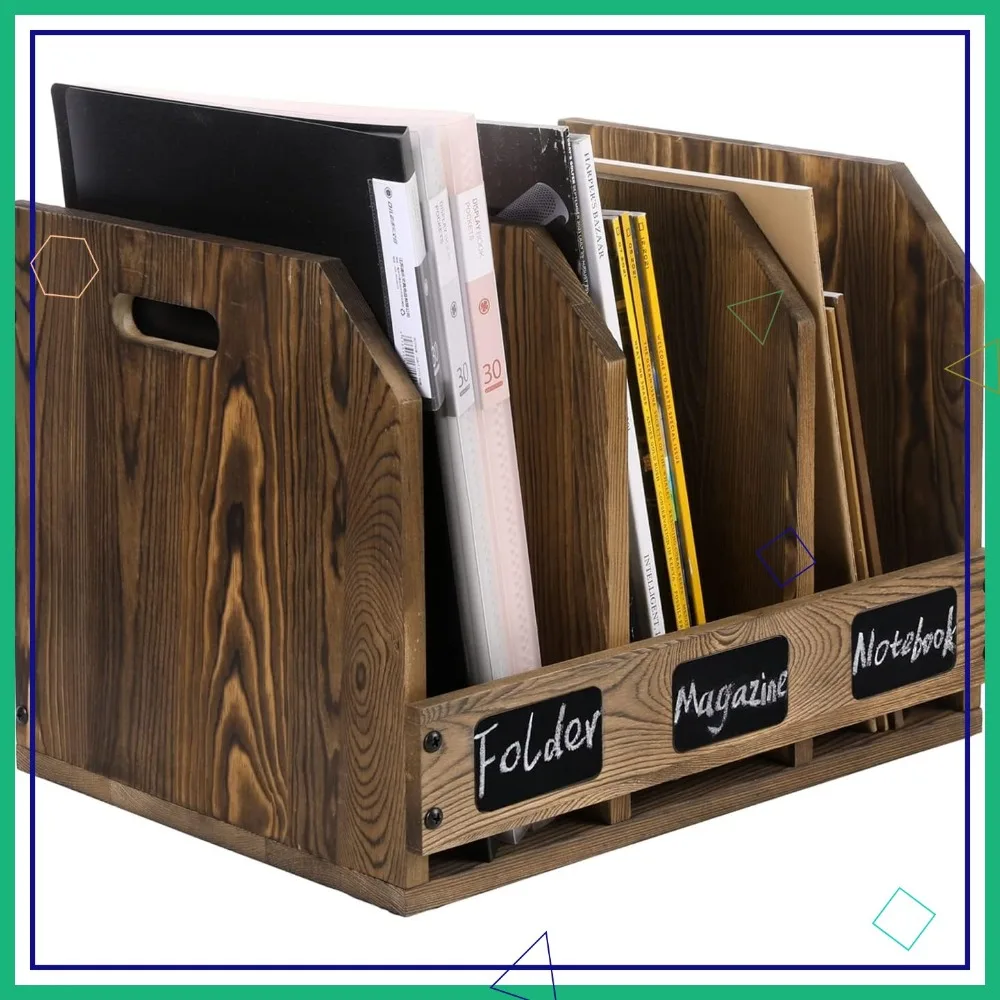 Rustic Wood Document Organizer with 3 Compartments, Chalkboard Labels, and Carry Handles for Office Desk Storage