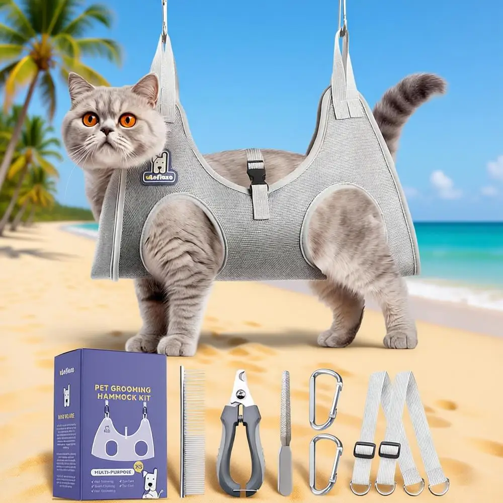 Hamaca de Aseo para Perros y Gatos con Cortauñas - Eslinga Colgante para Cortar Uñas, Apta para Mascotas Pequeñas a Grandes (Gris)