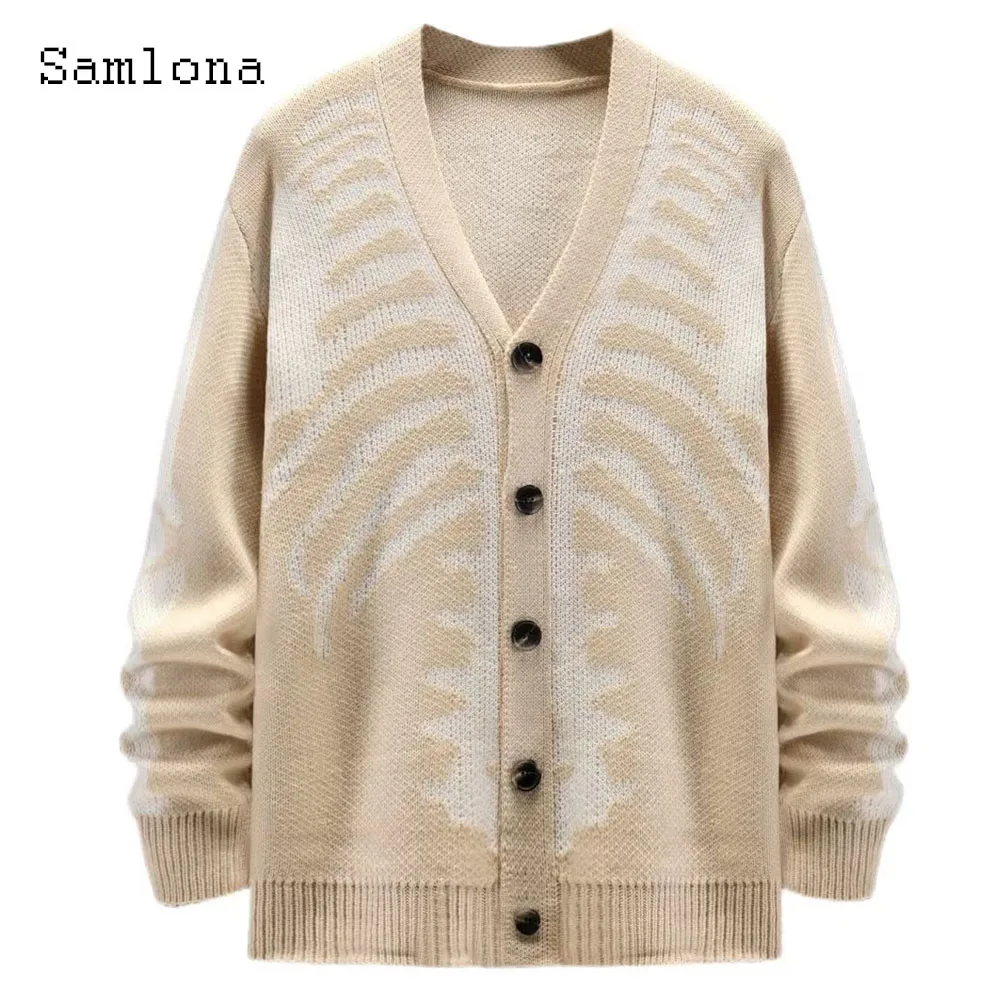 プラスサイズメンズカジュアルレトロニットセーター 2025 ハロウィンゴシックファッションスカルプリントトップカーディガンメンズノーカラーセーター新