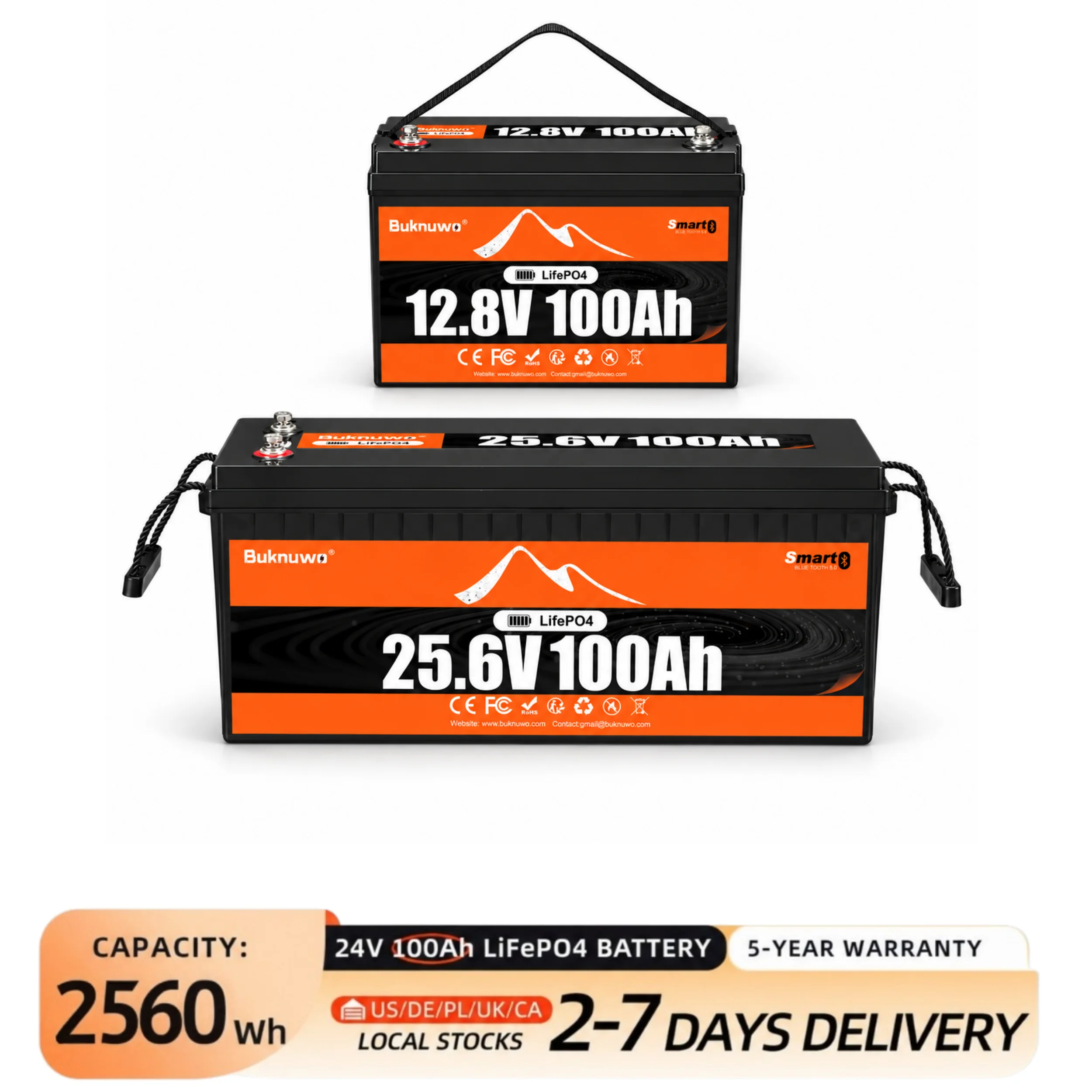 BUKNUWO 12V 100Ah/24V 100Ah LiFePO4 Battery, Built-in 100A BMS, Low-Temp Protection, MAX 15000+ Cycles For RV, Van, Boat, Camper, Marine, Trolling Motor, Off-Grid, Solar Energy Storage, 5-Year Warranty