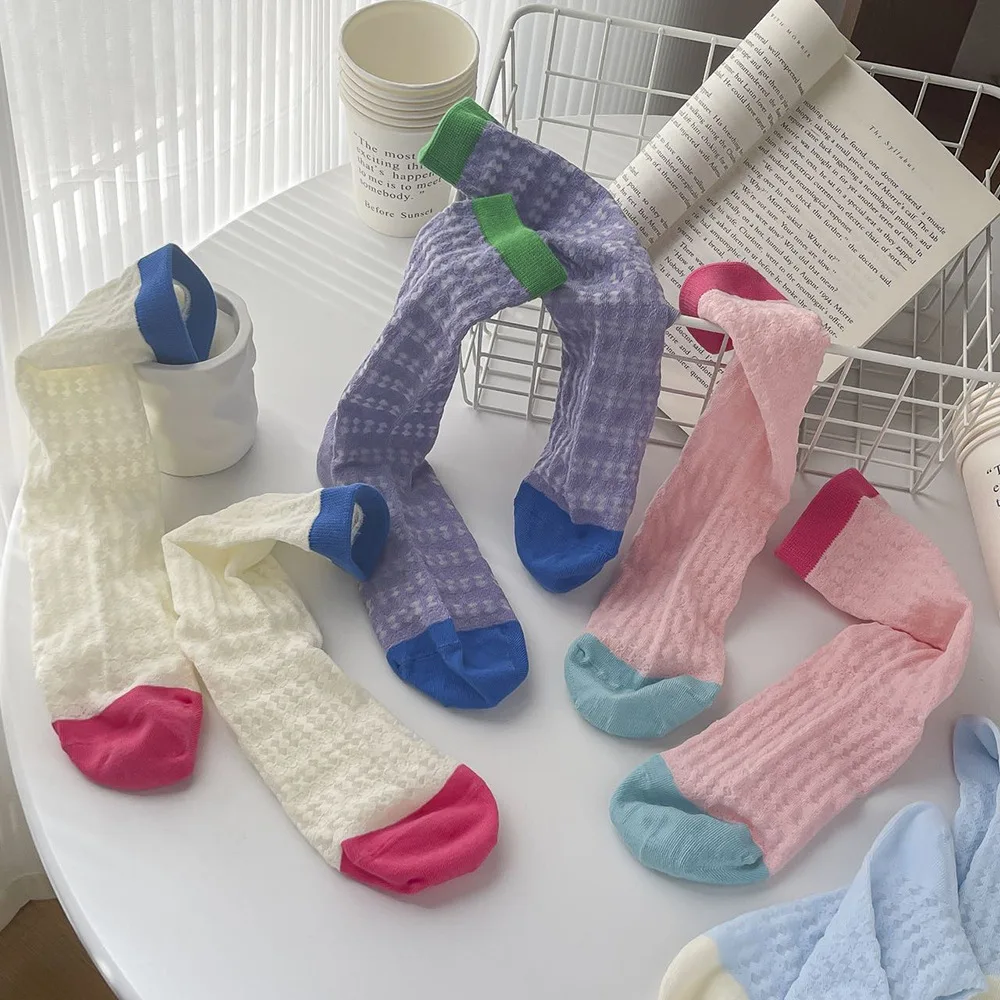 Women's Summer Spring Cotton Long Socks Korean Sweet Style Color Pile Pile Socks Glass Filament Mid-tube Stocking For Girls Gift