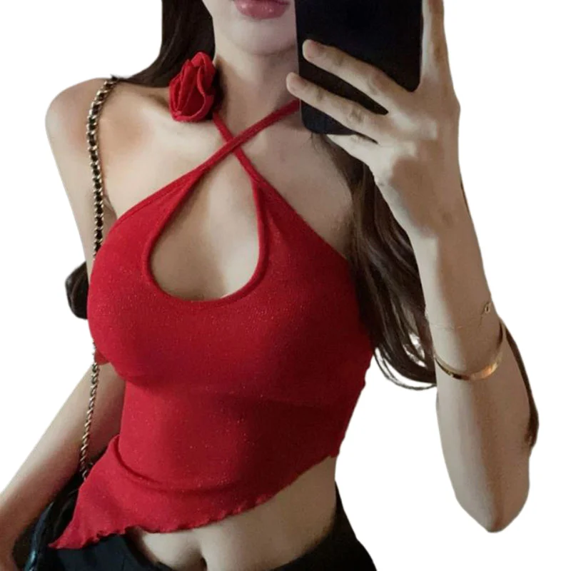 

3D Floral Halterneck Crop Top For Women Irregular Vest Red Top Sexy Hottie Street Wear Versatile Camisole Summer