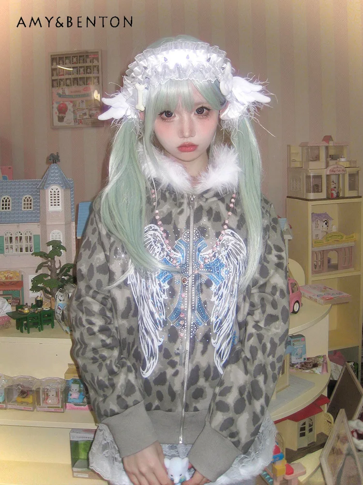

Subculture Cartoon Print Leopard Hooded Jackets for Women Autumn Winter Detachable Fur Collar Loose Y2 Gothic Slimming Coats