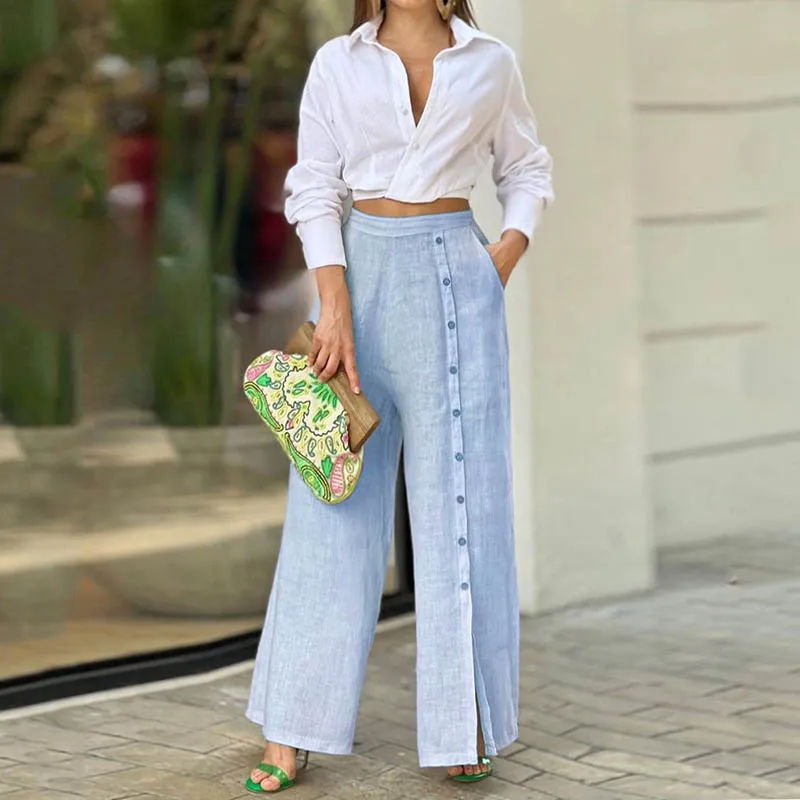 Women Summer 2pcs set Spring casual solid color crop top and buttons split long pants two piece set Female fashion blouse suit