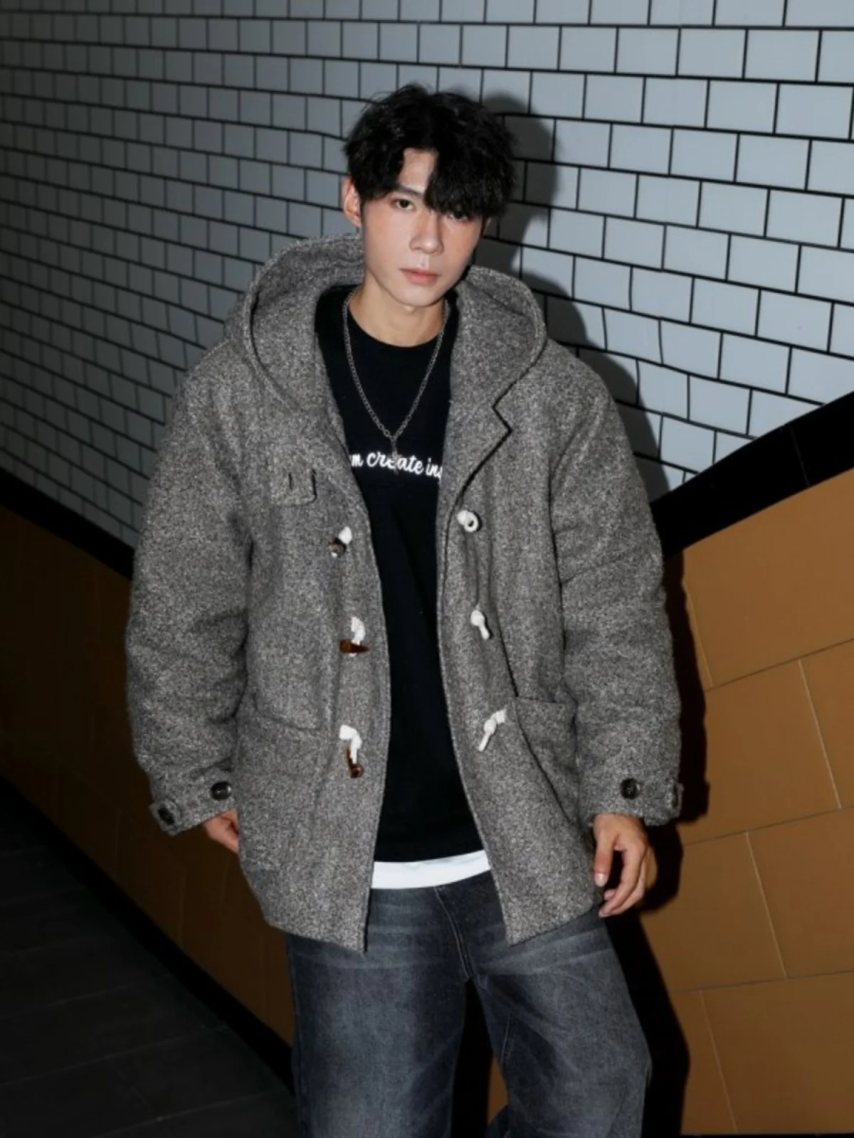 

Trendy Cleanfit Woolen Coat for Men with Horn Buttons Autumn Winter New Arrival Haome Casual Hooded Jaet Youthful Vitali...