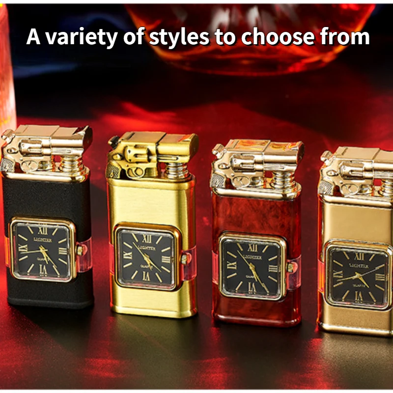 Best-selling Men\'s Double Fire Embossed Watch Lighter Creative Metal Inflatable Back Visible Air Chamber Gift Cigarette Lighter