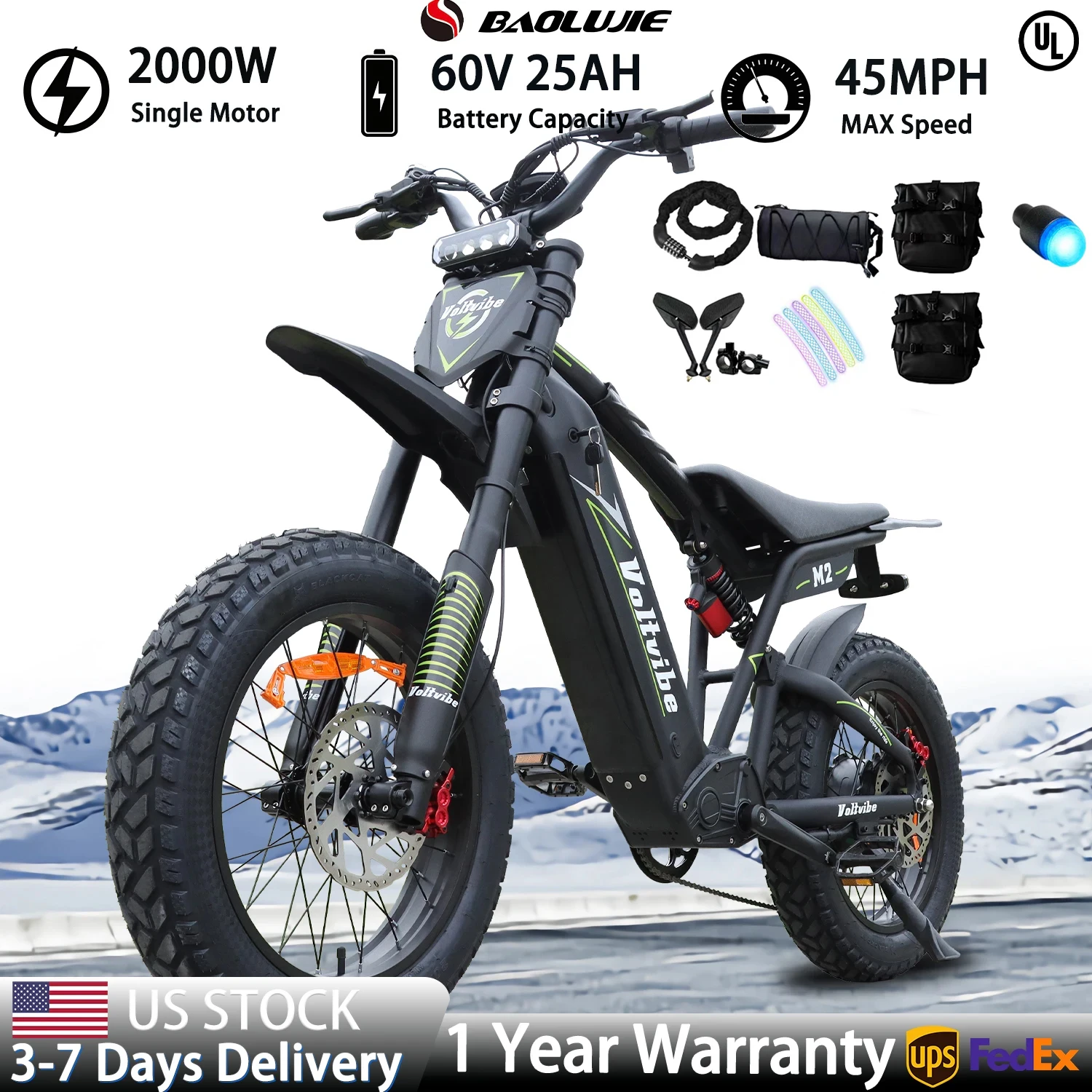 【1 año de garantía】BAOLUJIE M2 bicicleta eléctrica para adultos ebike 28mph bicicleta eléctrica de la suciedad 20 "bicicleta de montaña 2000W 60V25AH bicicleta eléctrica