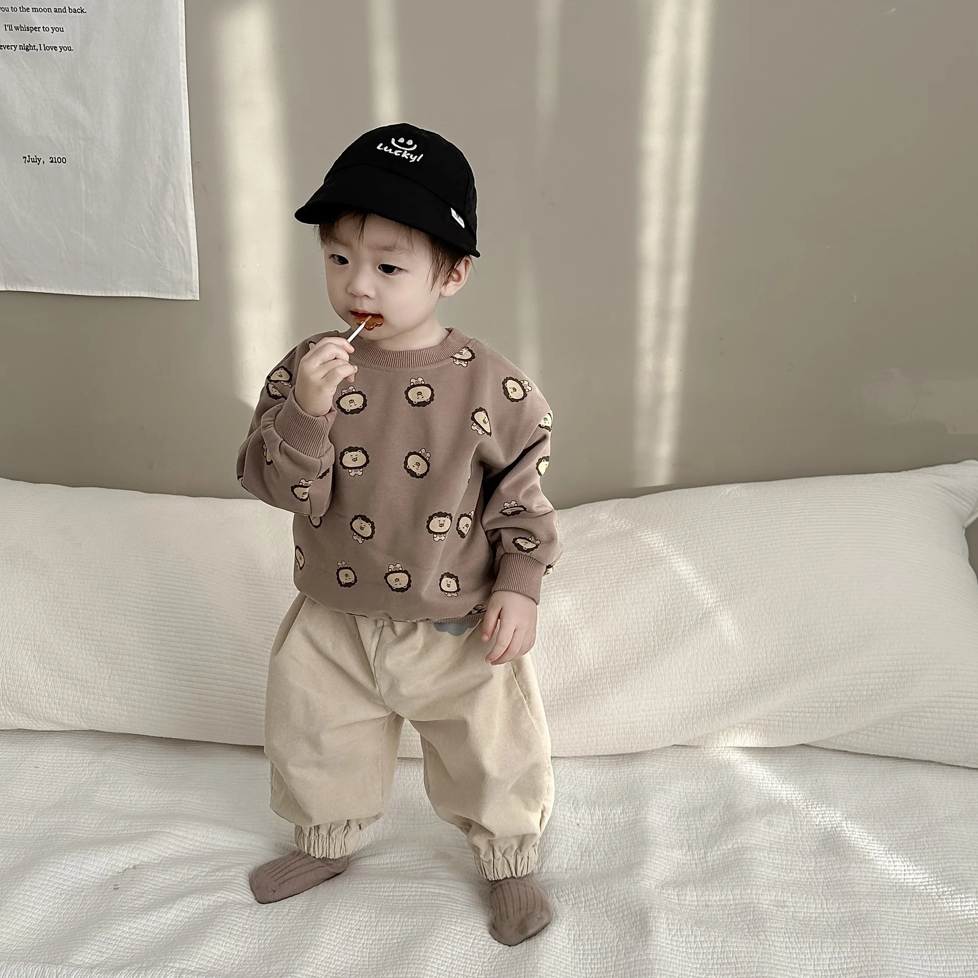 

Hoodie Go Out Spring Korean Childrens Clothing Baby Autumn Baby Printing Sweatpants 2024 Simple Elastic Waist Fashion