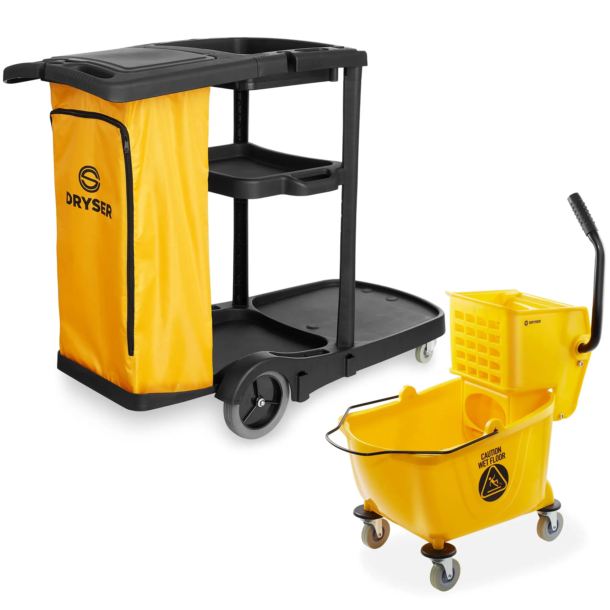 Commercial Janitorial Cleaning Cart on Wheels with Cover, Shelves and Vinyl Bag & Commercial Mop Bucket with Side Press