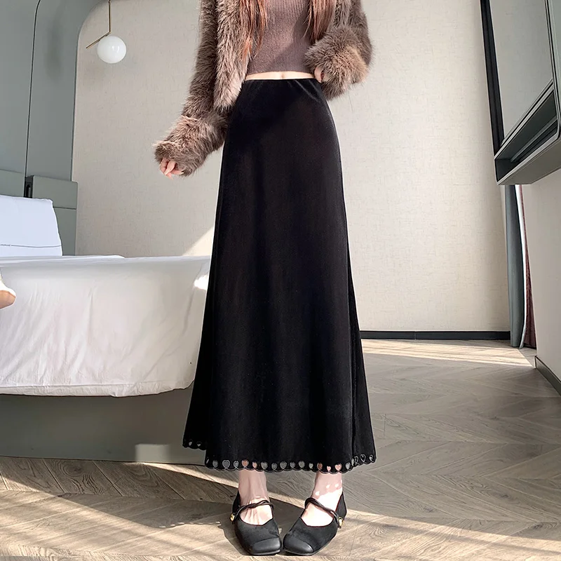 2026 Women Velvet Midi Skirt, Fall Winter Elegant High Waist Elastic Waist Heavy Embroidered Hem Mermaid Long Skirt