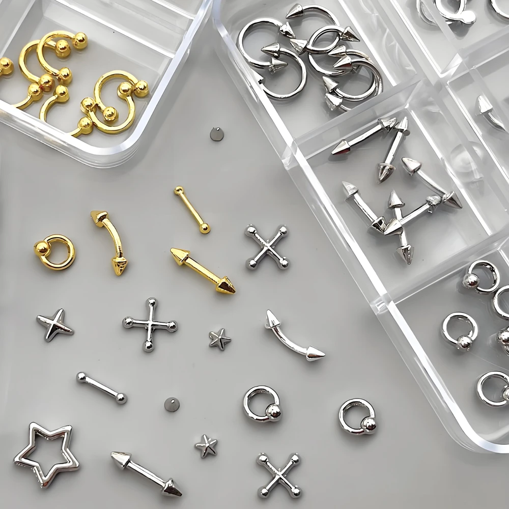 40PCS Punk Style Nail Accessories Piercing Alloy Studs Metal Curve Arrow Rivet Parts Charms For Nails Art Decoration Supplies