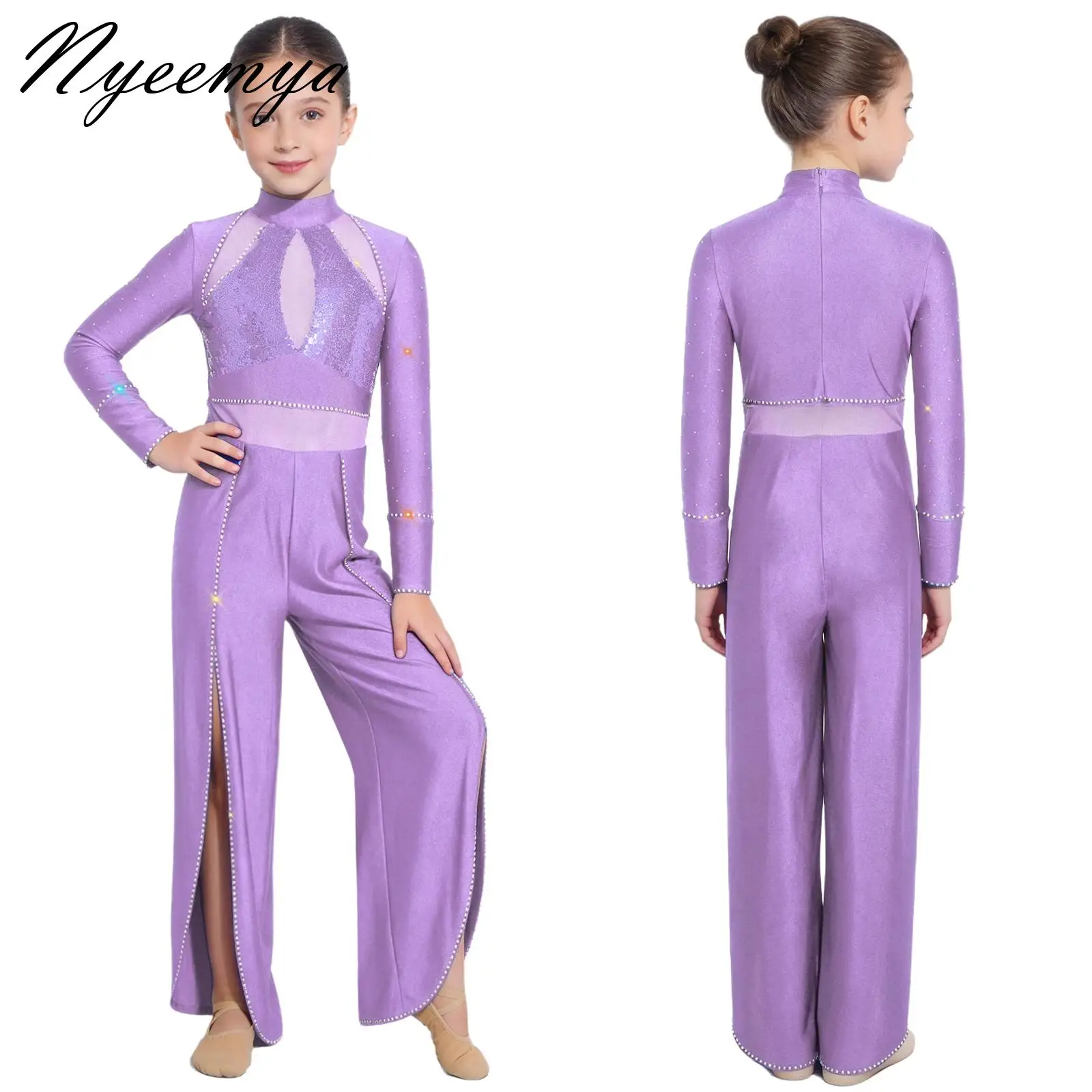 

Kids Girls Lyrical Jazz Dance Jumpsuit Long Sleeve Shiny Sequins Bodice Mesh Split Wide-Leg Bodysuit for Ballet Ballroom Dance