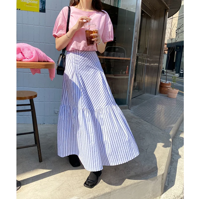 Chic Summer Coreano Sle Vita alta Patchwork a righe Casual Versatile Gonna lunga a trapezio Effetto dimagrante Design alla moda