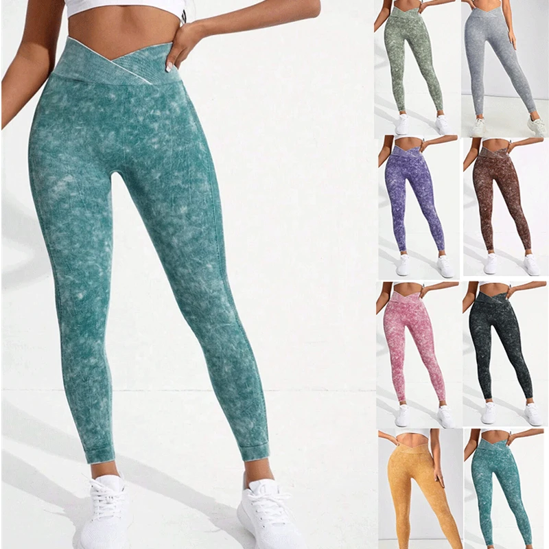 Women Fashion Seamless Cross Waist Washed Frosted Tight Pants High Waisted Elastic Tummy Control Fitness Sport Legging