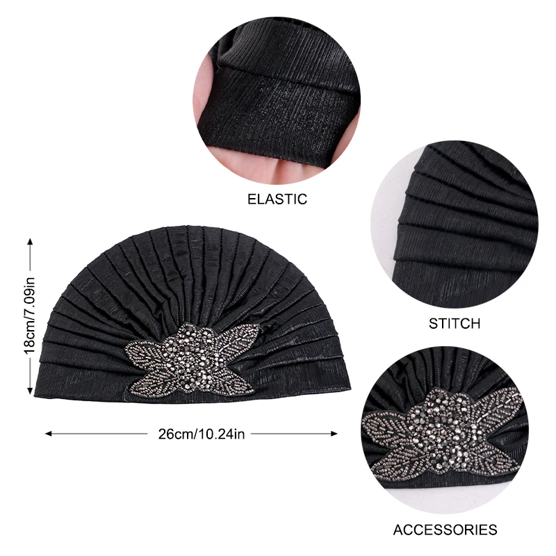 New Women Rhinestone Flower Pleated Turban Cap Ethnic Indian Hat Vintage Non Slip Head Band Chemo Cap Beanies Hair Accessories