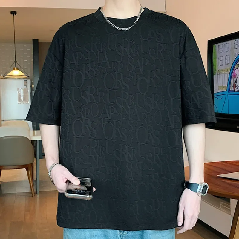 

Мужская черная футболка с вышитым буквенным узором, повседневная, свободного кроя, с коротким рукавом, оверсайз