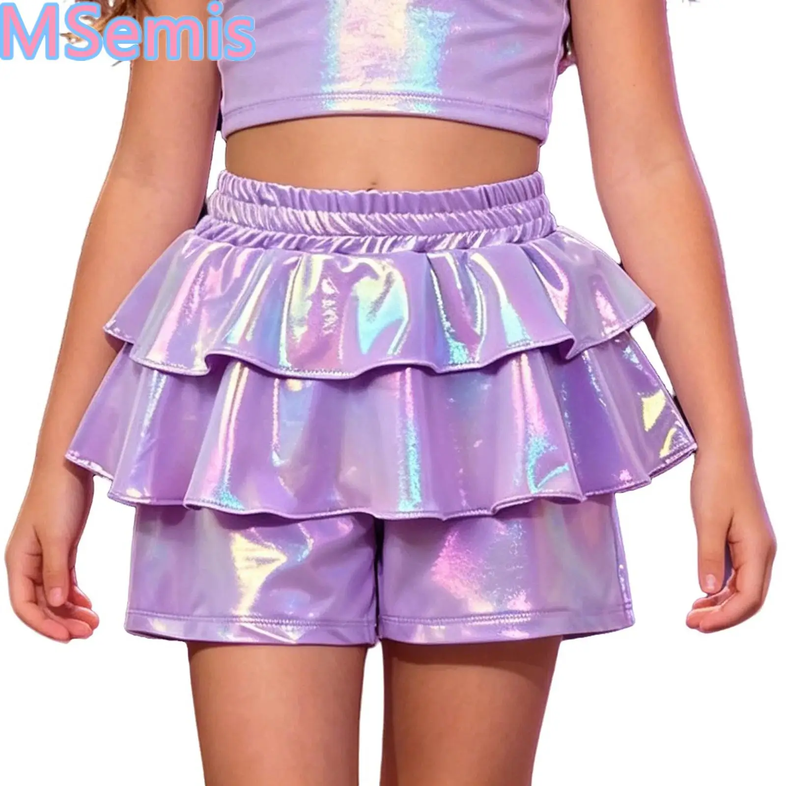 

Kids Girls Shiny Metallic Party Ruffled Skirted Shorts Elastic Waistband Tutu Culottes for Kindergarten Performance Photography