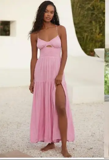 Vestido largo de mujer Color sólido ahuecado frente Spaghetti Strap Cami vestido verano moda sin mangas vestido Casual