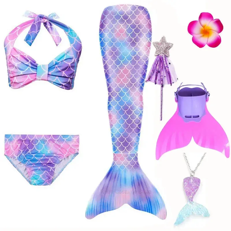 Sky02 купальник с хвостом русалки для девочек, детское платье принцессы Meamaid для плавания с бикини, ожерелье с головой цветка, Хэллоуин C88Ji