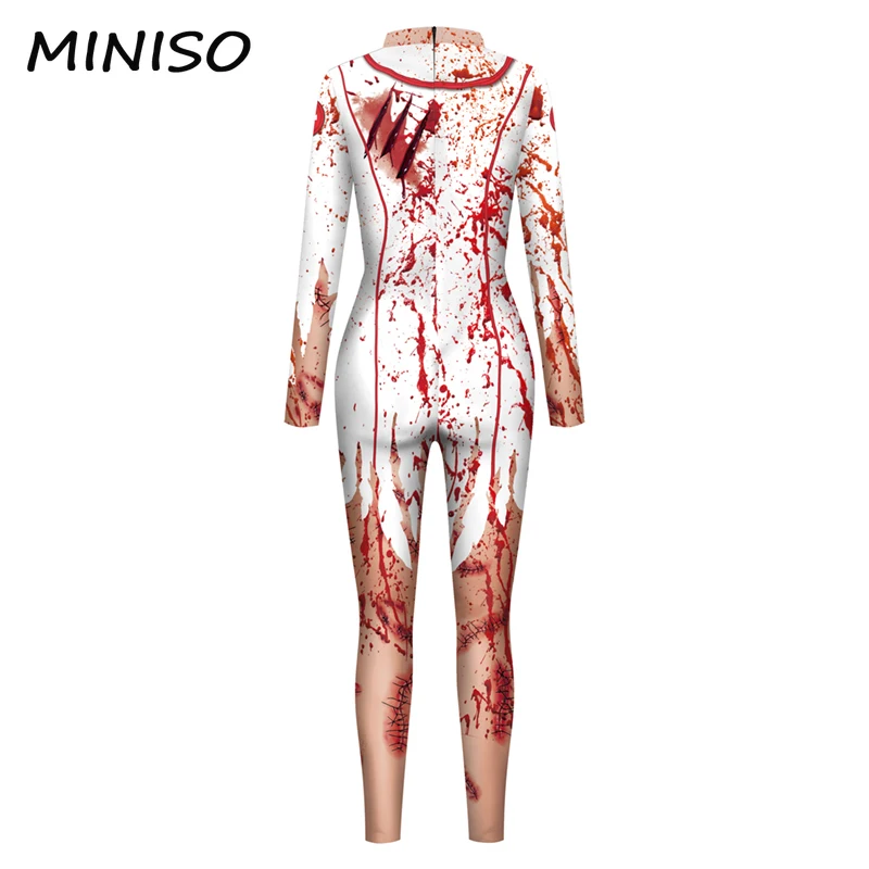 MINISO Halloween Cosplay Costume for Womem Doctor NurseHorror Blood Printed Jumpsuit Carnival Party Zentai Bodysuits Dress Up