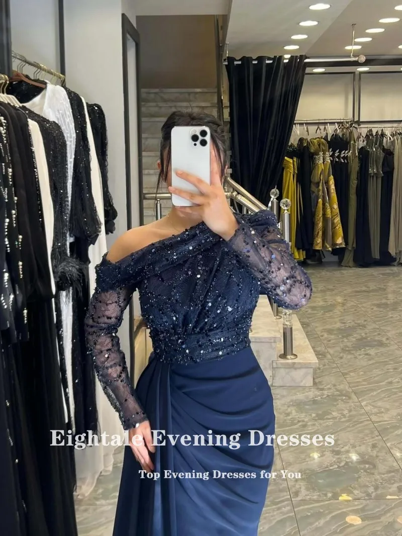 Eightale อาหรับชุดราตรีที่กําหนดเองหนึ่งไหล่เลื่อมลูกไม้ยืด Navy Blue Mermaid Prom Gowns งานแต่งงาน