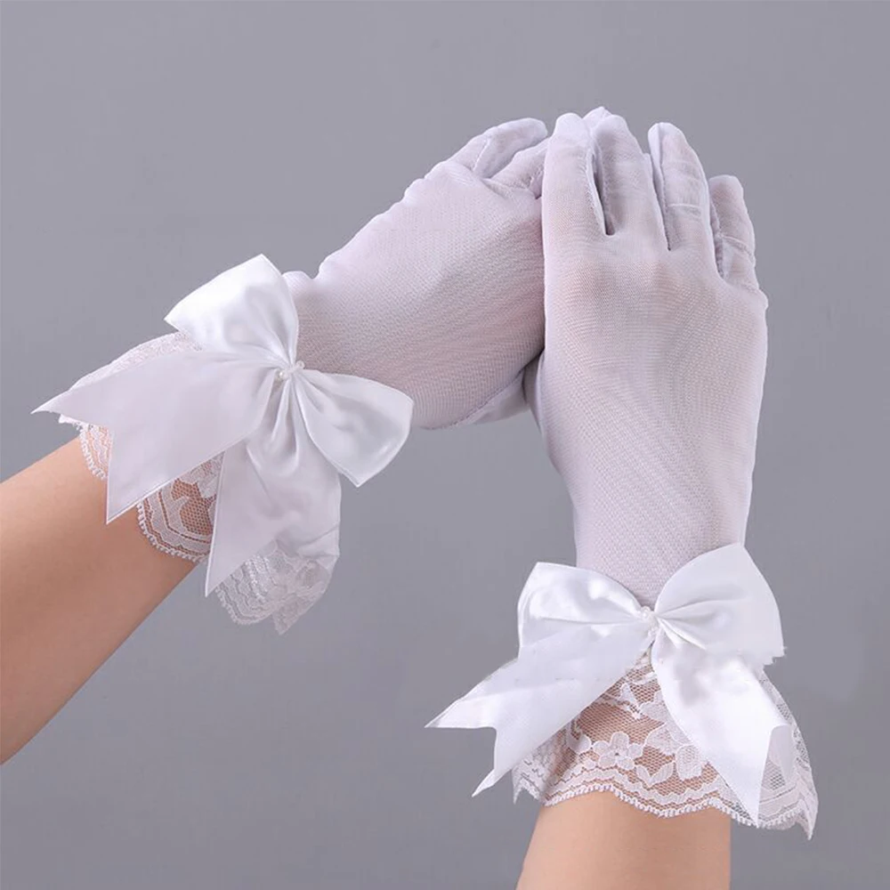 Women Black White Cosplay Accessories Wrist Gloves Parties Large Bownot Bride Mittens Mesh Gloves Lace Gloves