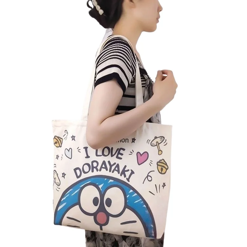 New Doraemon Canvas Tote Bag Cartoon Graffiti Shoulder Bag Zipper Handbag Ins Style Student School Bag