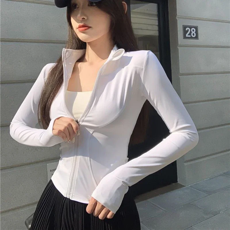 2026 Autumn Slim Fit Long Sleeve T Shirt Women Wild Zipper Up Waist Slimming Yoga Tshirt Woman Tight UV Protection Crop Tops