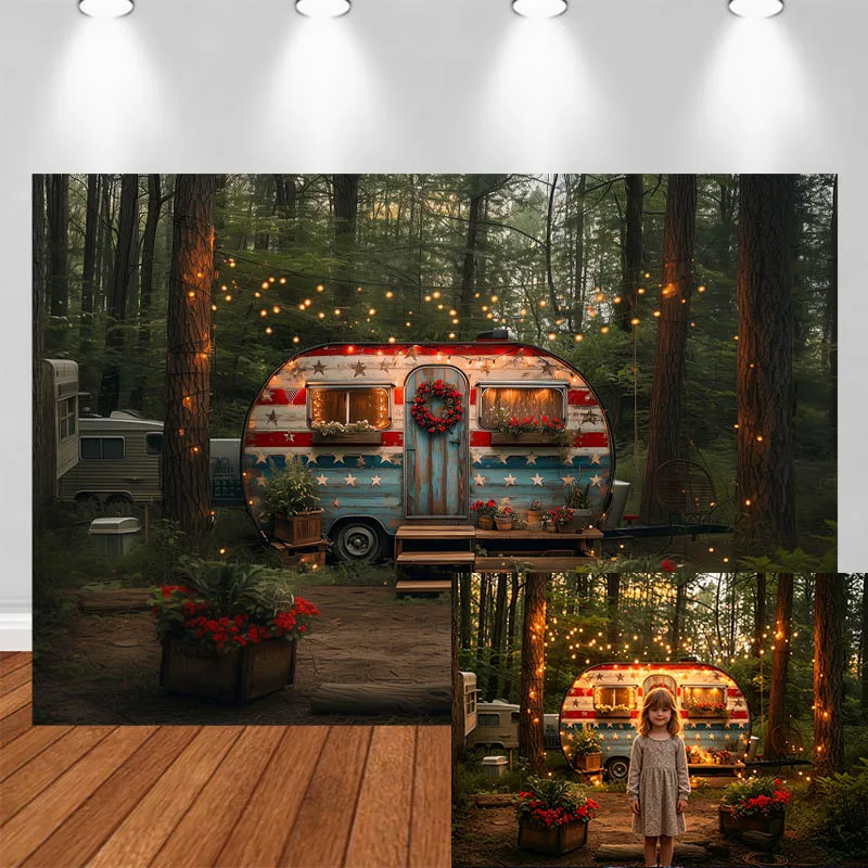 

LS Independence Day Photography Background American Camp Trailer Forest Wreath Decor Adult Kids Portrait Photo Backdrop Studio