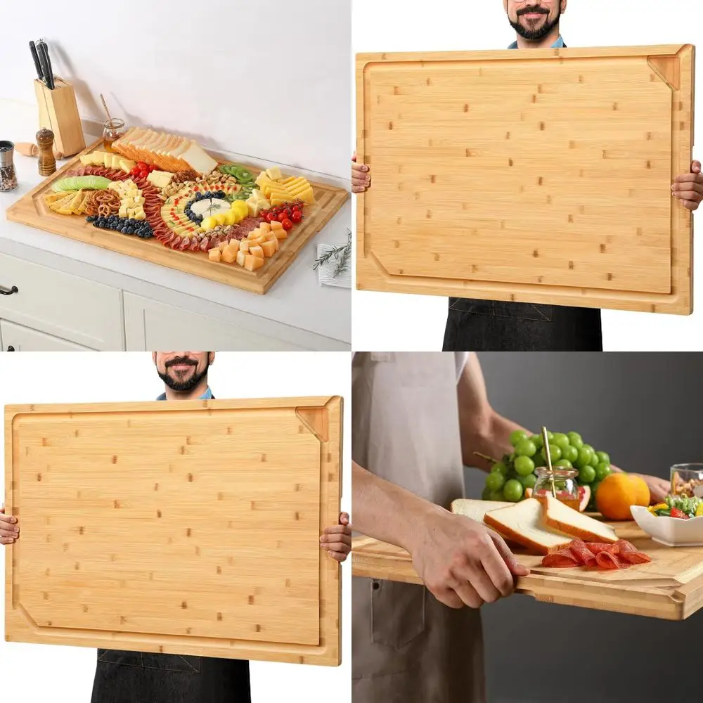 

Large Bamboo Chopping Board with Handle, Juice Groove, and Over-Sink Utility