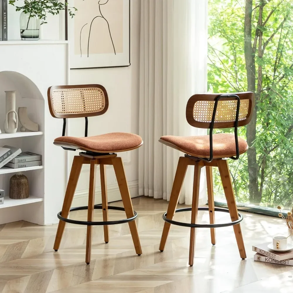 26" Rattan Bar Stools Set of 2 Linen Fabric Counter Height Swivel Barstools with Rattan Backrest and Wooden Legs,Armless Mid