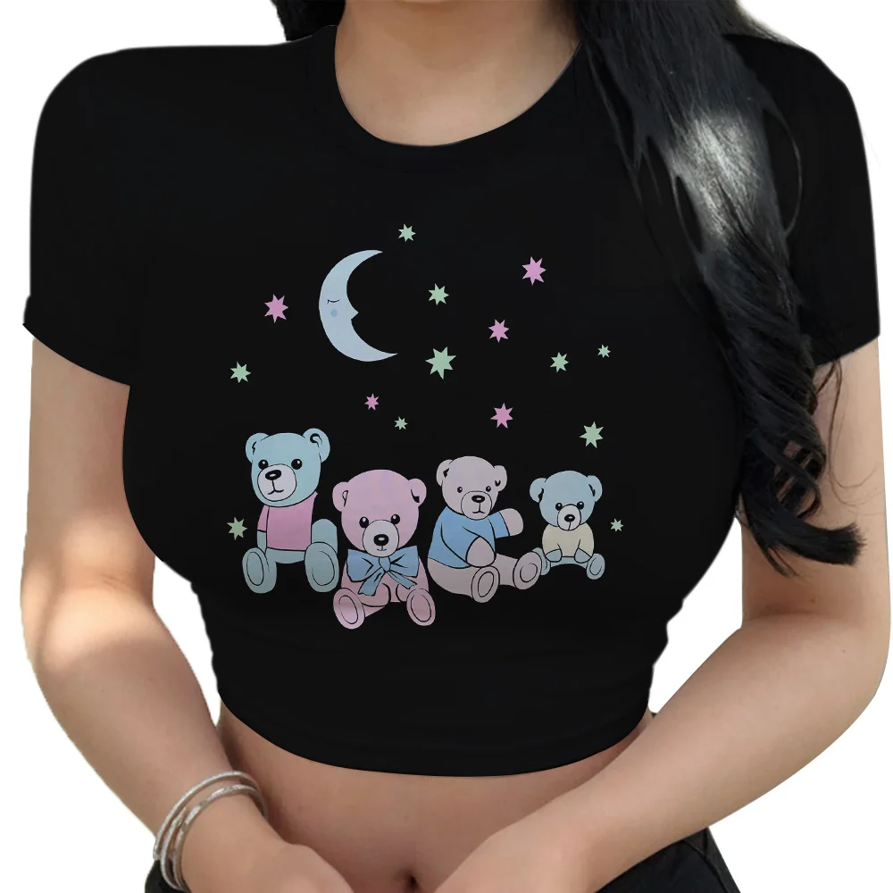 

Женский кроп-топ с коротким рукавом и медведем и Луной