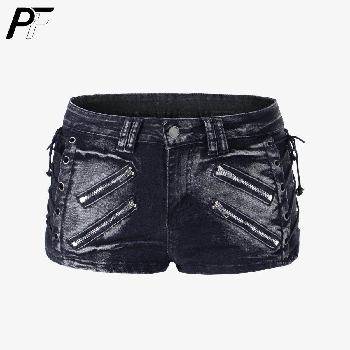 

Women's Y2K Gothic Low Waist Denim Shorts, Black Coated Mini Jeans with Zipper Streetwear Punk Aesthetic Micro Shorts for Summer