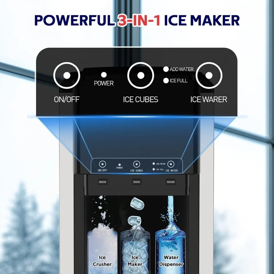 20kgs 3 in 1 Electric Water Dispenser with Ice Maker Stainless Steel Bullet Ice Maker Crushed Ice & Water Cooler