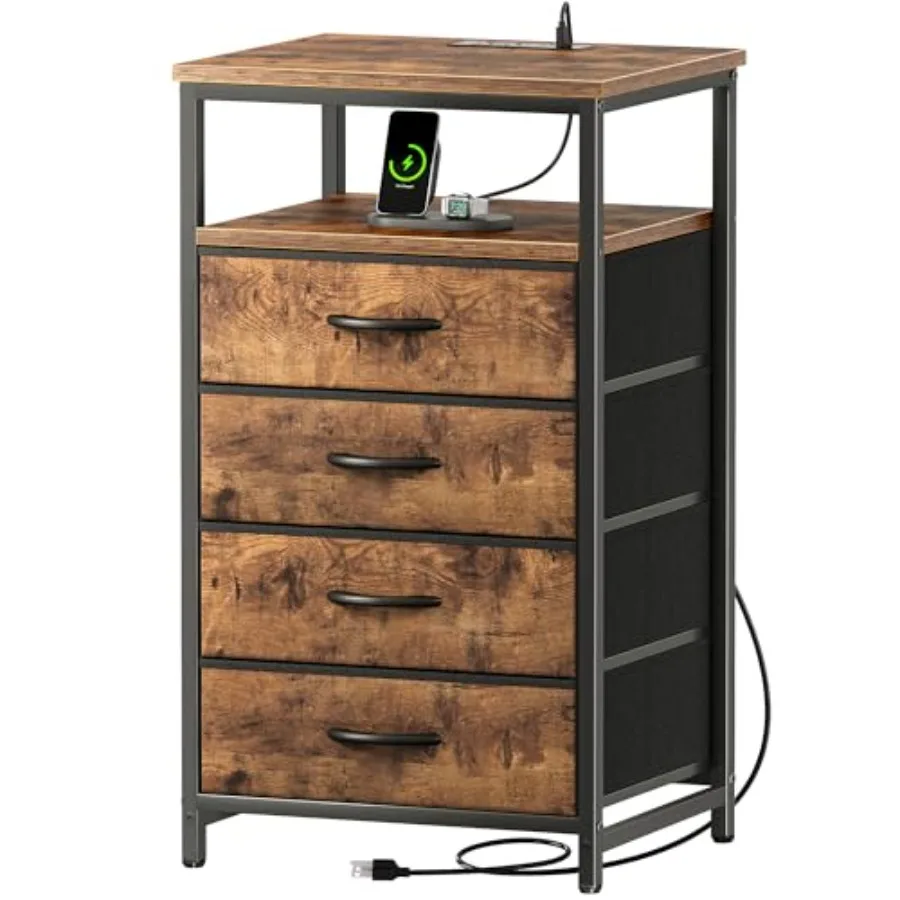 

Night Stand with Charging Station, 4 Drawer Dresser for Bedroom, Bedside Table, 33.9 Inch Tall Nightstand with Open Shelf, End
