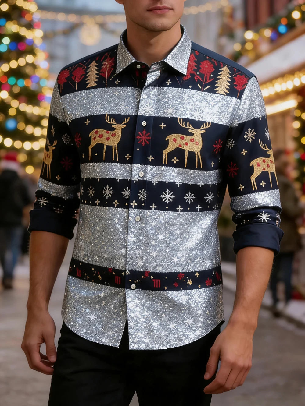 الرجال جديد لامعة عيد الميلاد السنة الجديدة عطلة 3D قميص مطبوع الشارع عارضة الطازجة المتضخم تنفس التلبيب زر قميص هاواي صيفي #4