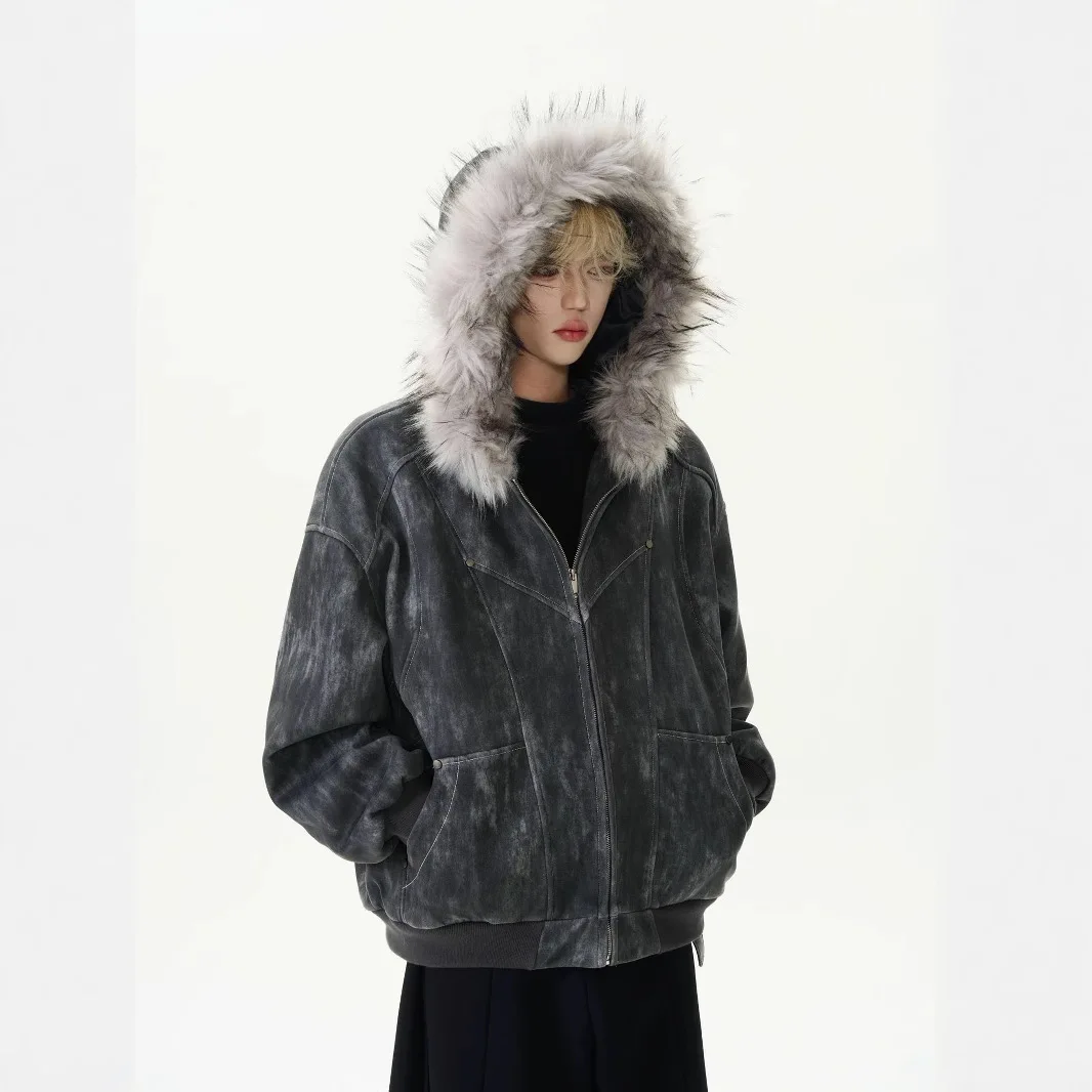 Y2K Mens Hooded Jacket Vintage Tie Dye Trendy Thick Warm Coat