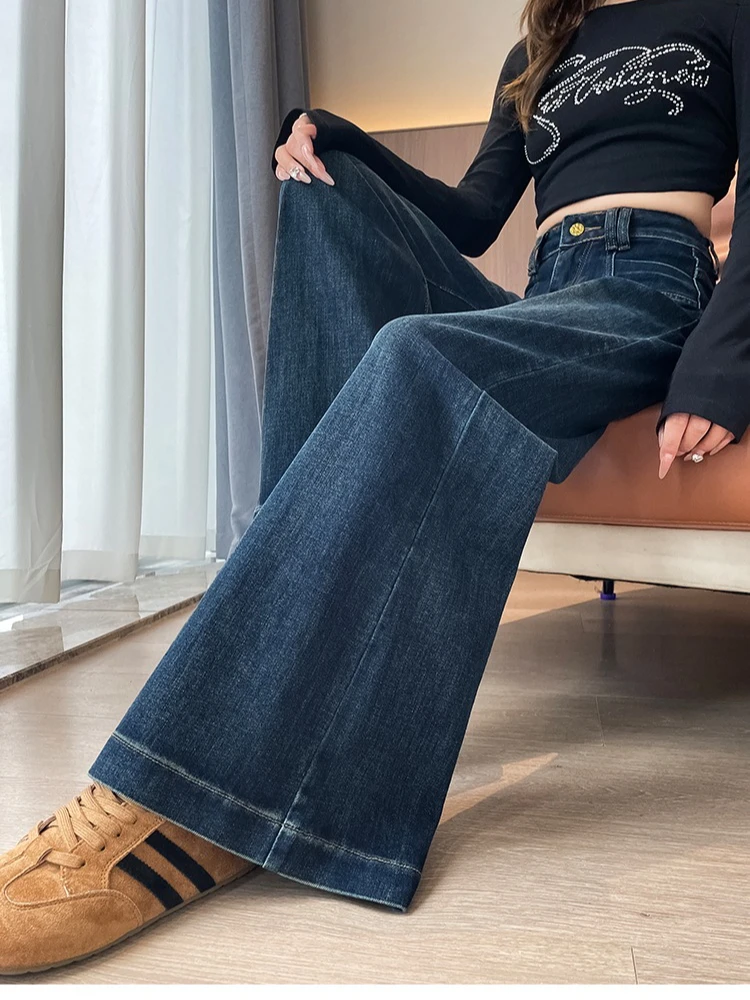 Retro-Jeans im amerikanischen Stil für Damen im Herbst und Winter, neue, hoch taillierte, schmal geschnittene, dicke, vielseitige Hose mit geradem Bein