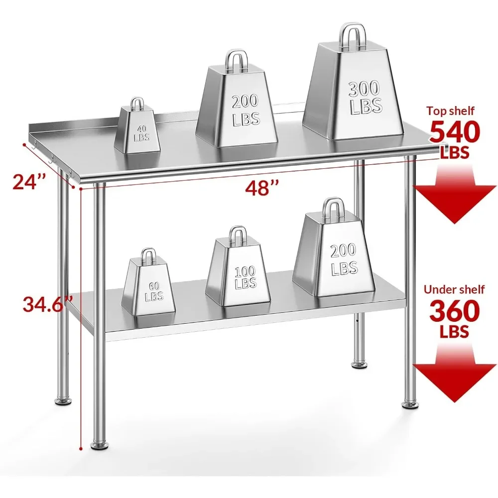 Stainless Steel Prep Table for Work High Load Bearing with Undershelf and Backsplash for Outdoor Restaurants Hotels Workshops