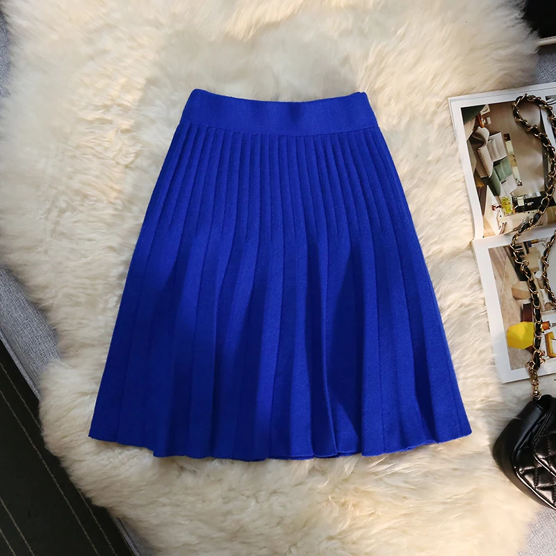 Autumn Winter Knitted Pleated Skirts Women\'s Elastic High Waist A-Line Umbrella Skirts Casual Sexy Slim Short Mini Skirts