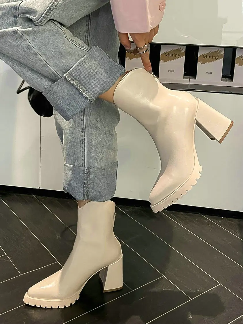 QUTAA 2023 Pointed Toe Thick High Heels Women Ankle Boots Winter Office Ladies Dress Fashion Genuine Leather Shoes Size 34-39