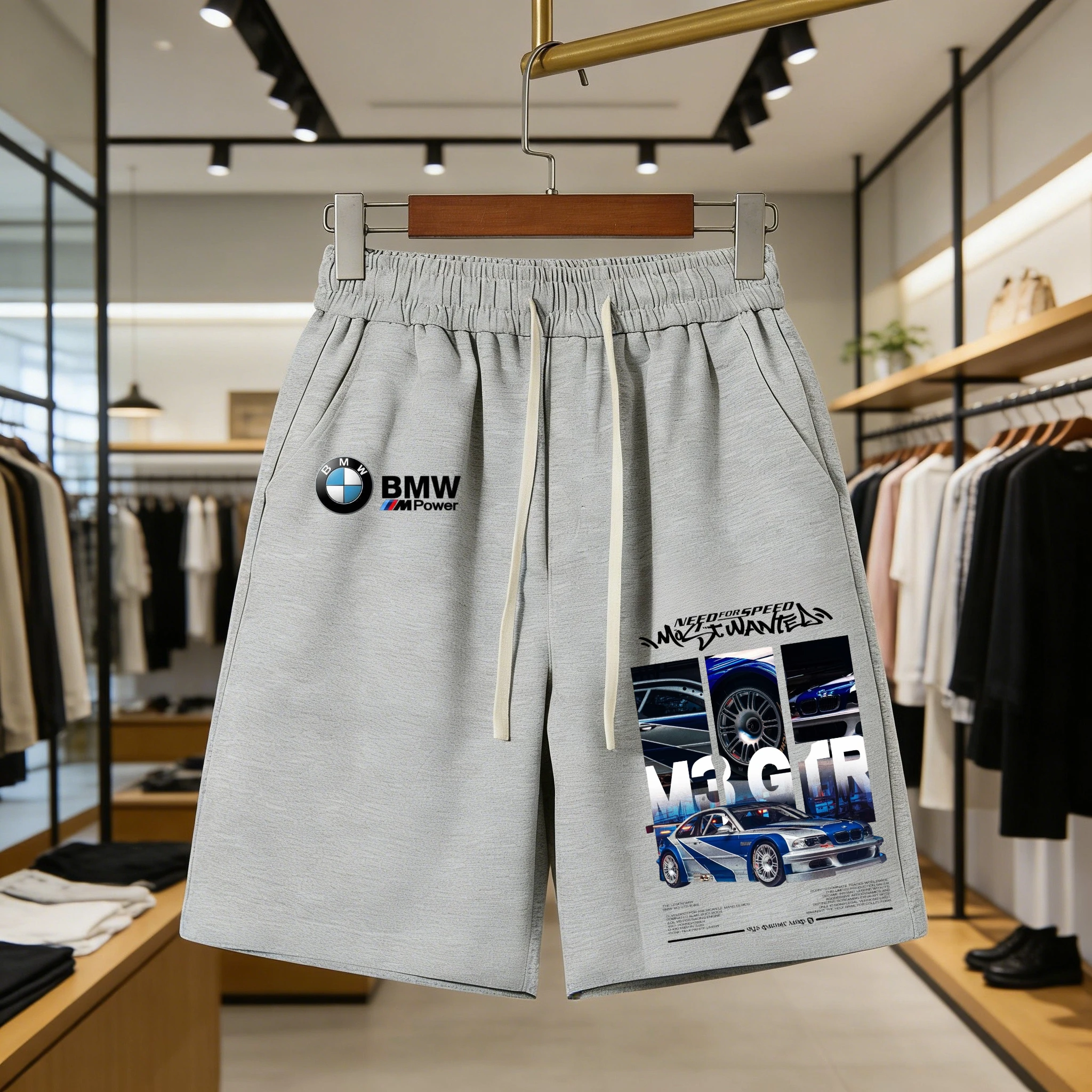 

BMW Racing Print Shorts Men Summer Y2k Streetwear Gym Fitness Sports Five-point Pants Elastic Waist Loose Comfort Daily Bottoms