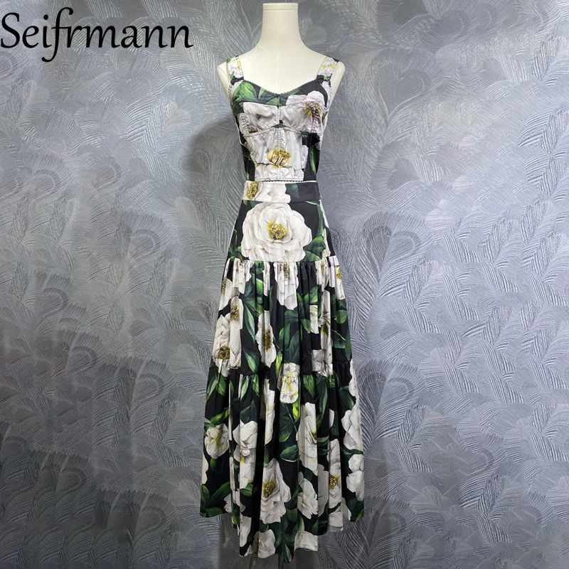 

Seifrmann 2026 Summer Women's New Fashionable Strap Cotton Printed Top+Long Half Skirt Two Piece Set