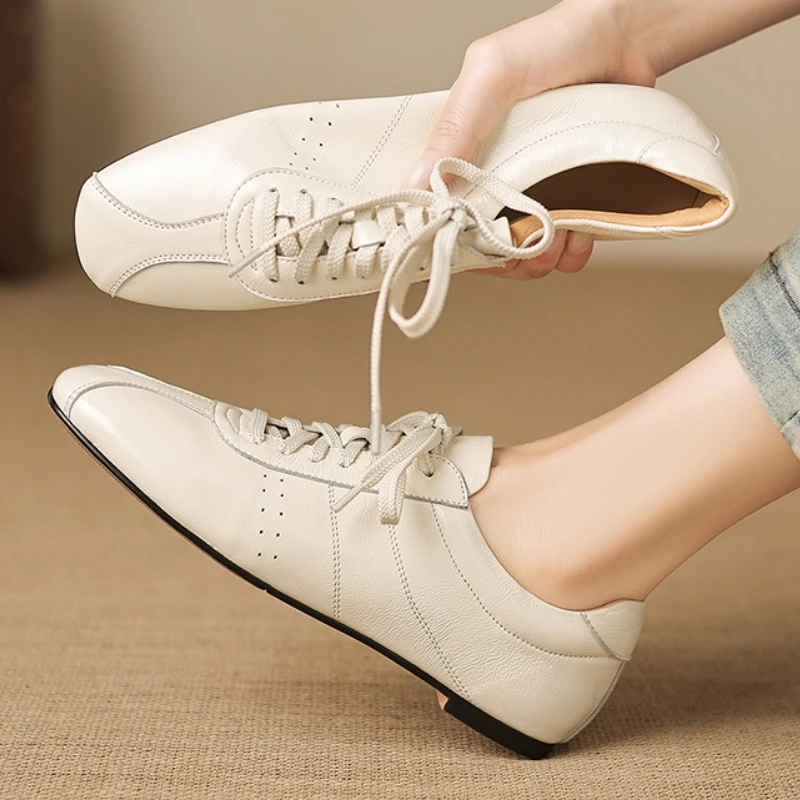 2026 New Women's Loafers Flat Shoes Spring Autumn Genuine Leather Casual Lace-up Walking Work Shoes White Flats Comfortable