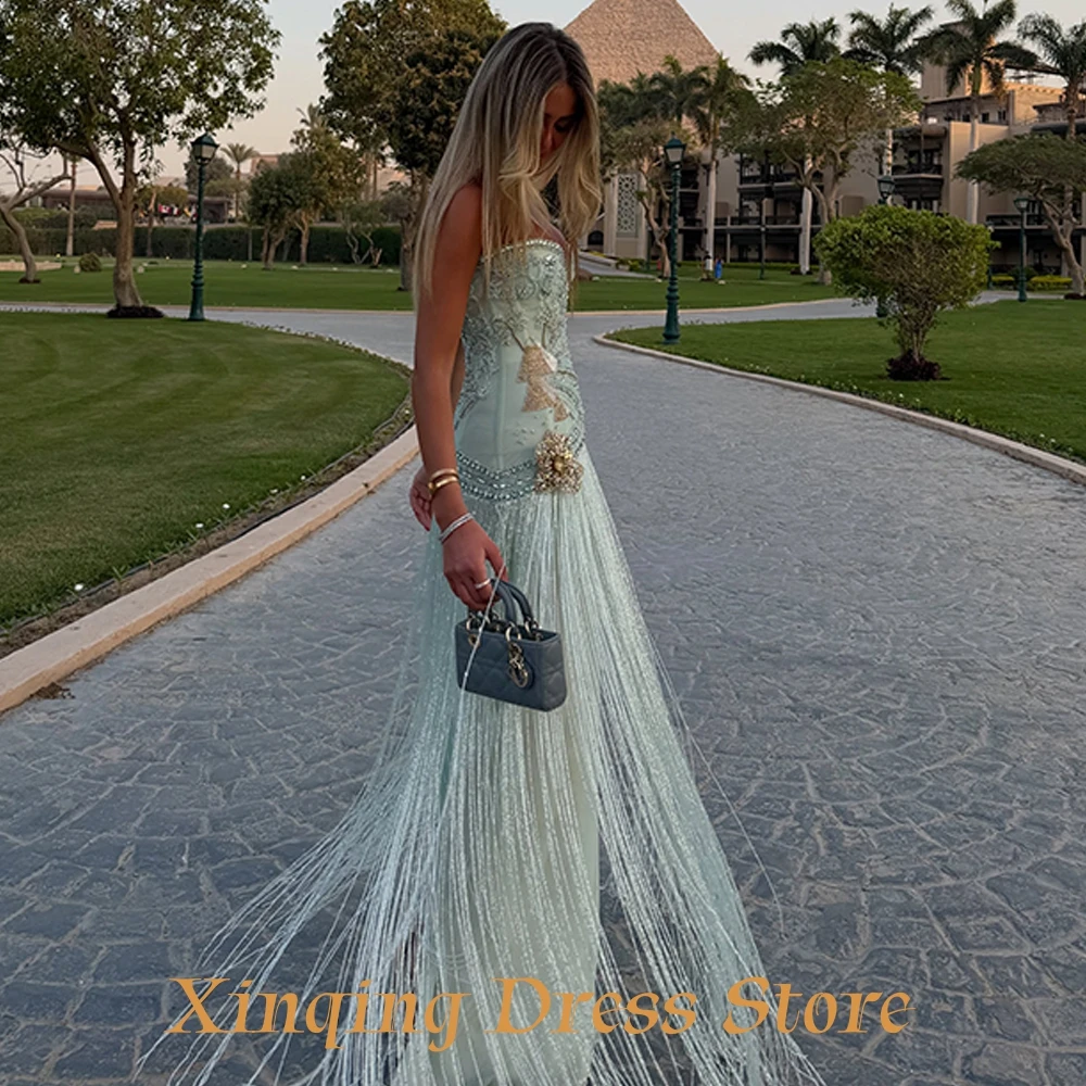 Exquisite Mermaid Evening Dress Luxury Crystal Flowers Tassel Customized Celebrity Gowns Delicate Tulle Bridal Party Dresses view 2