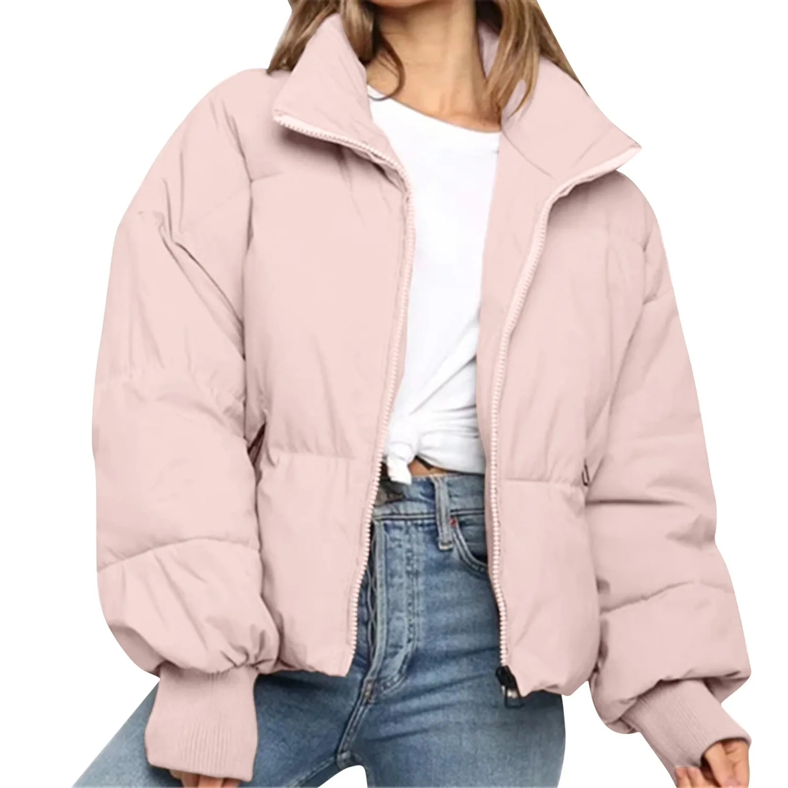 Parka courte chaude pour femme avec col montant et fermeture éclair, vestes rembourrées en coton avec poches, vêtements minces, automne, hiver, nouveau