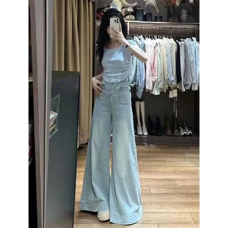 Vaqueros Vintage para mujer, ropa vaquera plisada Y2K, moda de estilo coreano, cintura alta, holgado, negro, ropa informal estética Harajuku